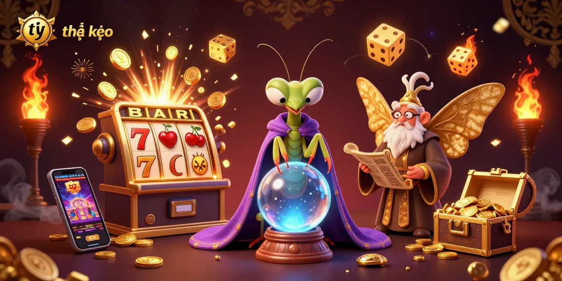 Bet on tỷ lệ kèo while witnessing a dynamic scene of fortune tellers and slot machines.