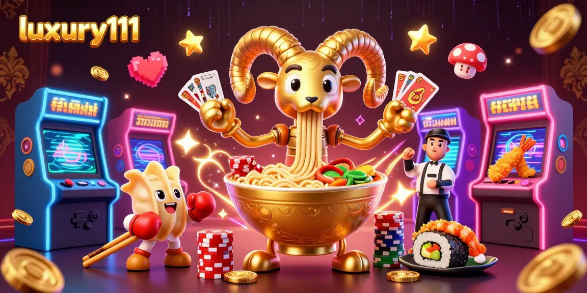 Experience luxury111 casino fun with a colorful, dynamic scene of gaming elements and cheerful characters.