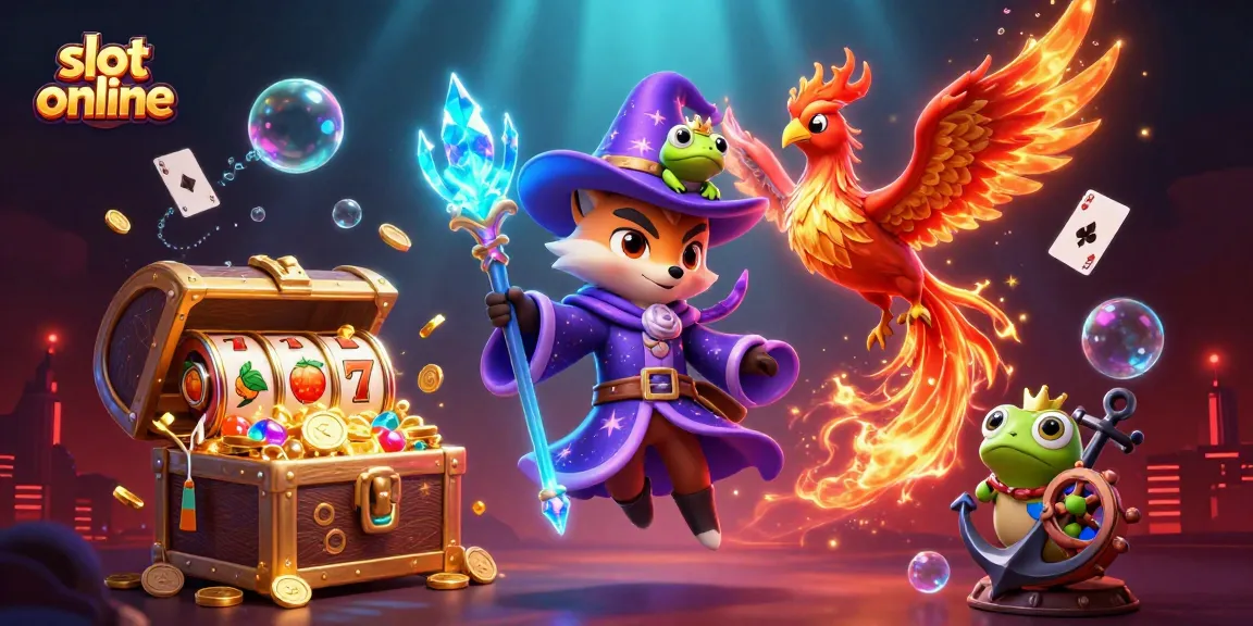 Permainan slot online memikat dengan kombinasi karakter magis dan elemen kasino yang berwarna-warni.