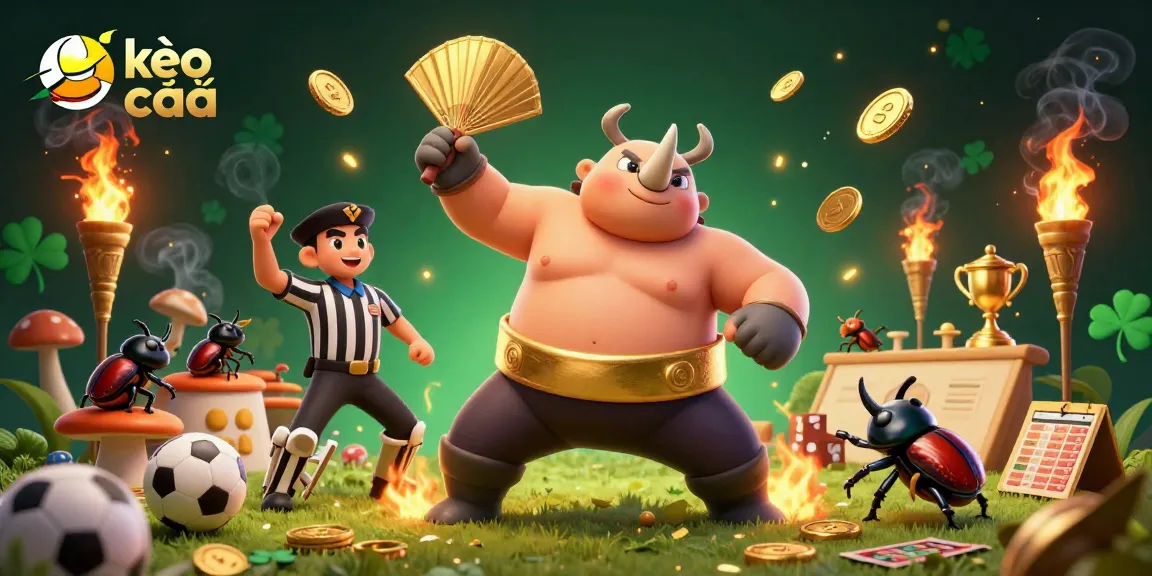 Engage with kèo nhà cái's dynamic sports betting scene featuring a beetle champion and lavish stadium elements.