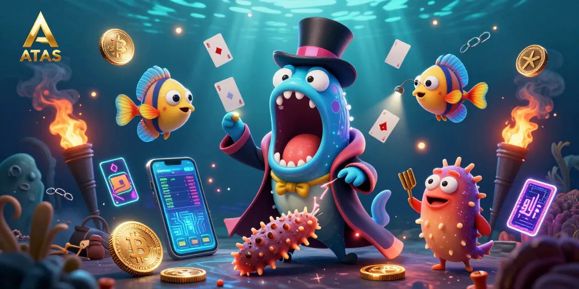 Engage with ATAS by joining a dazzling underwater casino show featuring vibrant characters and crypto elements.