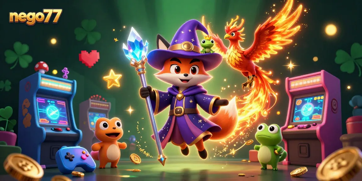 Play exciting games at nego77 with a mystical fox wizard and a fiery phoenix in a vibrant casino scene.