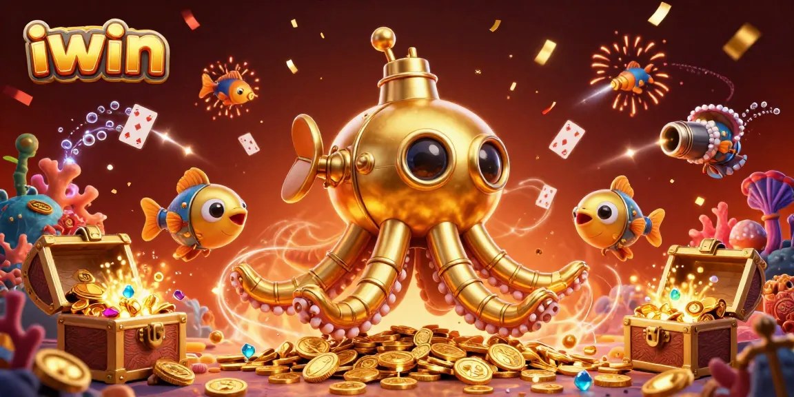 iwin submarine kraken celebrating amidst treasures and playing cards in an animated cash-filled sea.
