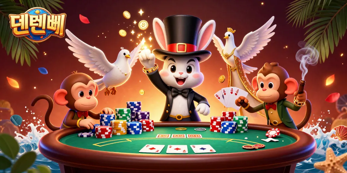 Engaging scene showcasing 텐텐벳 with a magician rabbit, dove, and monkey amidst vibrant poker elements
