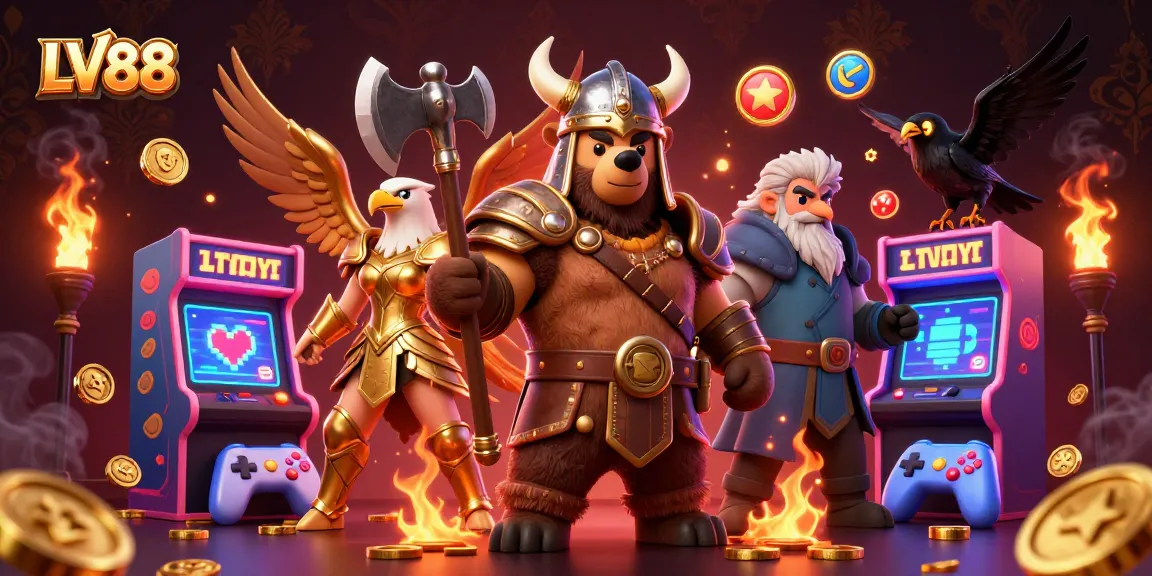 Experience epic gaming moments with LV88 in a vibrant 3D casino illustration featuring cartoon warriors.