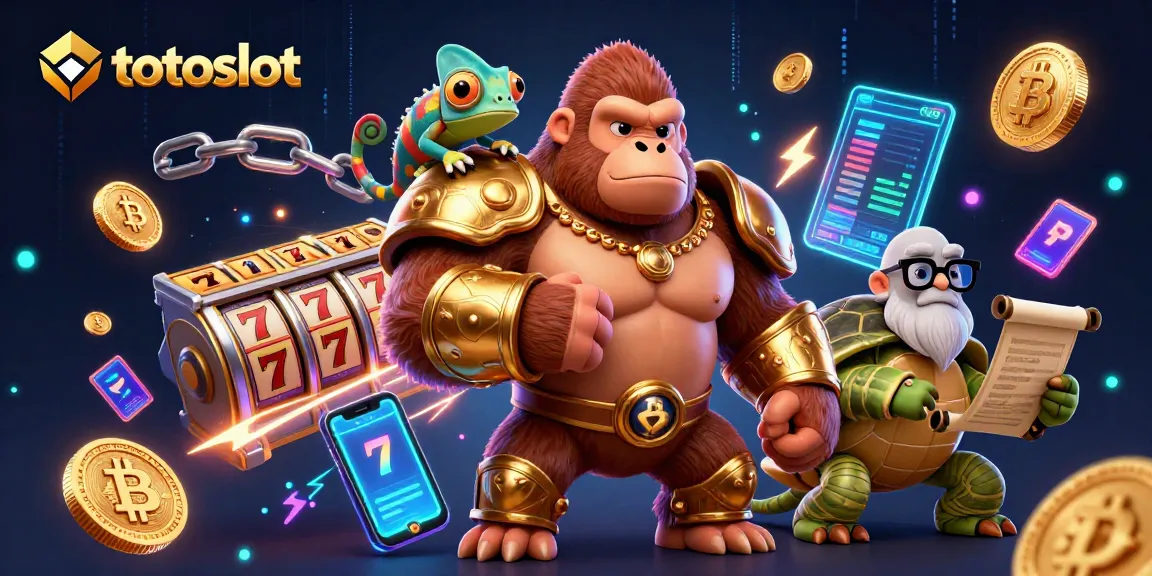 Totoslot showcases a vibrant casino scene with a powerful gorilla, chameleon, and tortoise amidst slot reels and crypto coins.