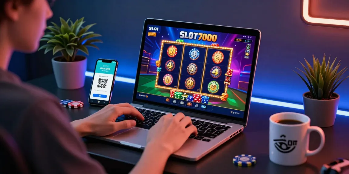 Player using slot7000 for online gaming with colorful graphics and QRIS payment display.