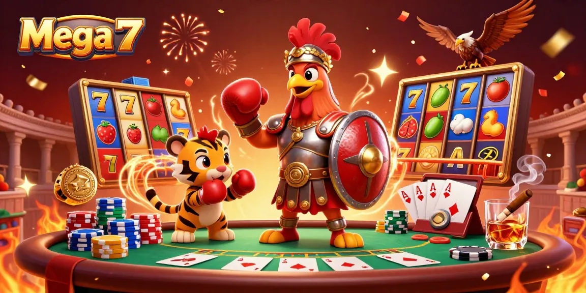Engage with Mega 7 in an energetic casino showdown featuring a gladiator rooster and vibrant slot reels.