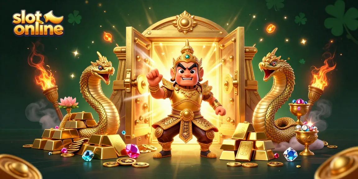 Experience thrilling slot online action with vibrant 3D characters and treasure bursting from a vault.